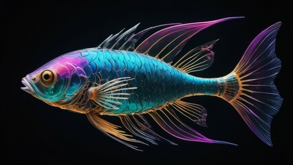 A colorful iridescent fish with fins that shimmer with blue, purple, and gold.