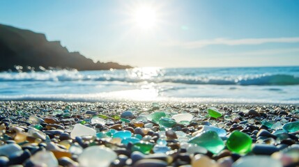 The unique beauty of Glass Beach with its colorful sea glass sparkling under the sun.