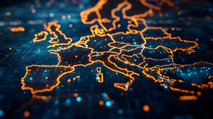 Canvas Print - Digital map of Europe illuminated with glowing lines and nodes.