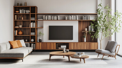 Wall Mural - a modern living room interior design with a wooden bookcase cabinet and a white wall background