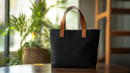 Poster - A Black tote bag with brown leather handles is placed on the table