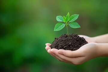 A person's hands gently hold a small green plant growing from rich soil, symbolizing care and growth in nature.