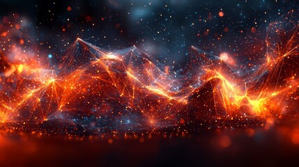 Poster - A vibrant display of red and blue abstract waves with glowing particles emanating from a dark background during a digital art showcase