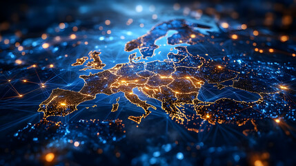 Digital representation of Europe with glowing connections.