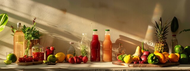 Wall Mural - Fresh fruits and juices arranged on a wooden table with sunlight