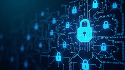 Cybersecurity Matrix Design a banner featuring a digital grid with padlocks, security shields, and encrypted codes, symbolizing cybersecurity and data protection.