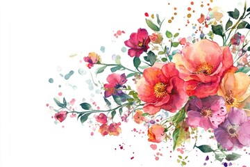 Poster - A beautiful arrangement of colorful watercolor flowers features various blooms and foliage, creating an artistic display against a clean white background