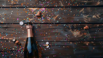 Cheers to Celebration: A Bottle of Champagne and Colorful Confetti on a Wooden Table