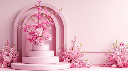 Pink wedding ceremony with a cake and flowers in front