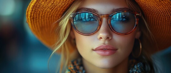 Poster - Close-up Portrait of a Woman Wearing a Straw Hat and Sunglasses