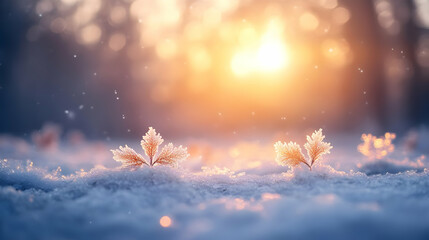 Wall Mural - Frost-covered leaves glimmering in the sunlight on snowy ground.