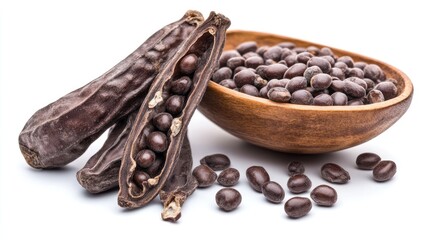 Carob pods and seeds in a bowl. Perfect for articles on healthy snacks, natural sweeteners, and food ingredients.