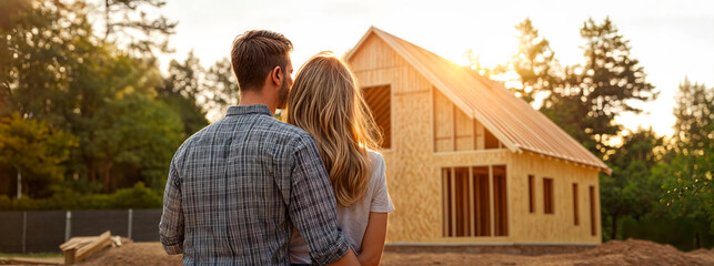 Young couple standing outside looking at their new home being built with bright sunshine