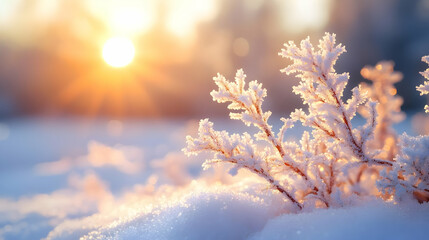 Poster - Frost-covered plants glistening in sunlight during winter.