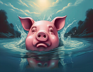 Wall Mural - Financial Crisis and Economic Disaster Illustrated with Drowning Piggy Bank