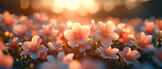 Wall Mural - Delicate Pink Flowers Blooming in Soft Sunlight