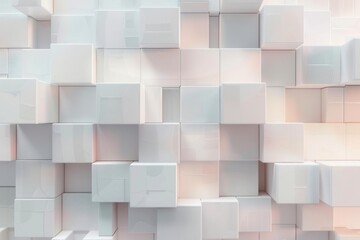 Wall Mural - Random shifted white cube boxes block background wallpaper banner with copy space, abstract, action camera, ultra-wide, dawn, geometric, digital, hyperrealism, soft morning light