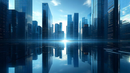 Sticker - Futuristic cityscape with reflective water and skyscrapers.