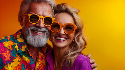 Sticker - Happy elderly couple posing together with vibrant sunglasses.