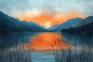 Wall Mural - Sunset Reflection Over Tranquil Lake with Mountains