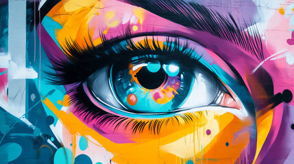 A colorful and modern street art background with a futuristic feel. It features a large, expressive eye design.