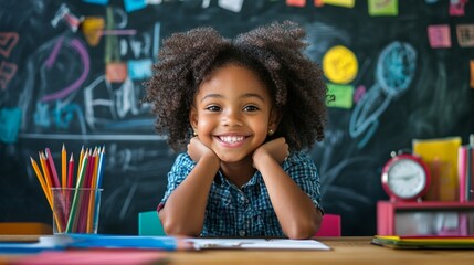 cheerful young student with curly hair smiles brightly at her colorful desk, surrounded by school su