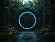 © anantachai - In a tranquil forest clearing, a towering portal with intricate designs and glowing blue lights stands, blending futuristic technology with the beauty of nature.