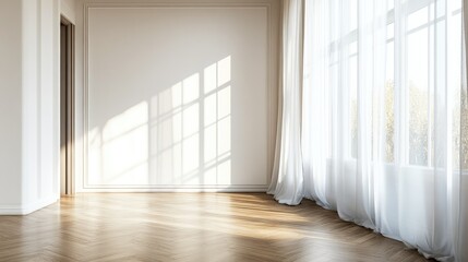 Poster - empty room with a plain white wall, hardwood floors, and natural light filtering through sheer curta