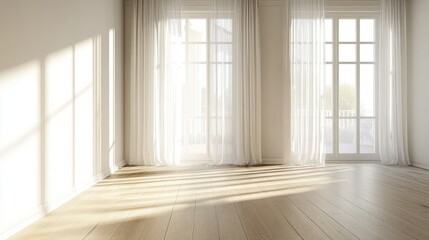 Poster - empty room with a plain white wall, hardwood floors, and natural light filtering through sheer curta