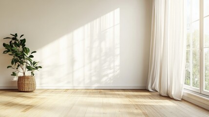 Poster - empty room with a plain white wall, hardwood floors, and natural light filtering through sheer curta