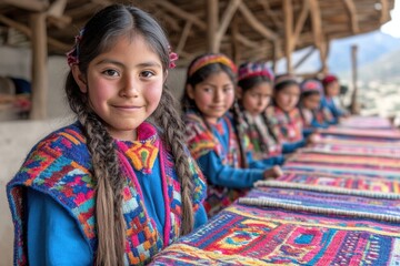 Vibrant Weaving Girls in Traditional Attire