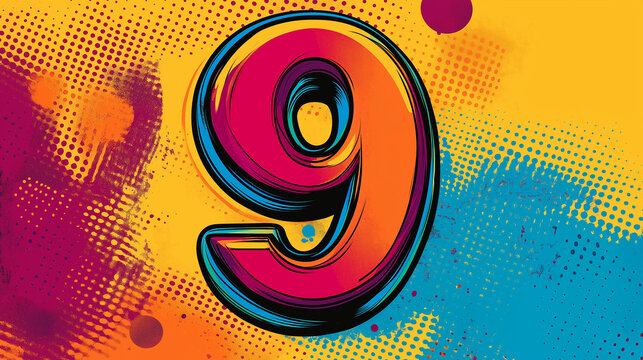 Pop art Alphabet number nine. Colorful background in pop art retro comic style.	