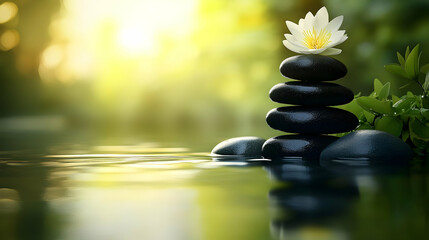 Wall Mural - Serene stack of stones with a lotus flower by tranquil water.