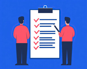 Two men reviewing a checklist in front of a blue background. Emphasizes teamwork and planning in a professional environment.