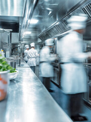 Modern commercial kitchen with chefs working in the back ground cooking food