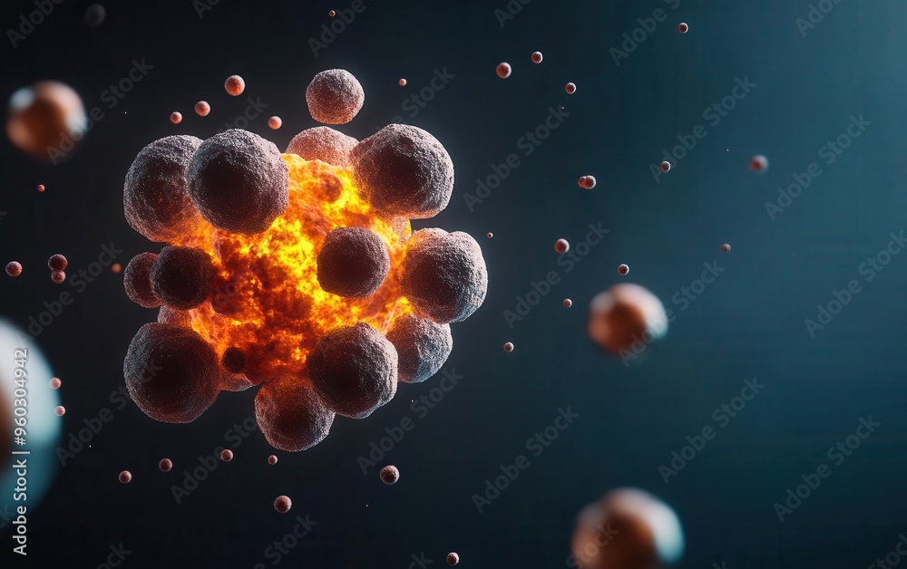 Energy burst from the atomic nucleus during nuclear fission, particles ...