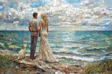 Canvas Print - Couple Overlooking the Sea with a Dog