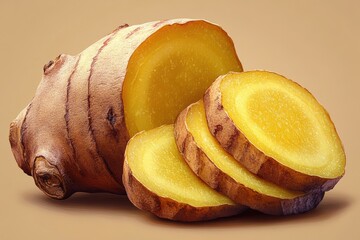 Freshly Cut Ginger Root on Warm Background