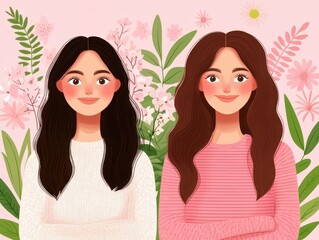 Cheerful illustration of two women smiling in front of floral background. Perfect for promoting friendship and connection.