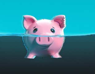 Wall Mural - Financial Crisis and Economic Disaster Illustrated with Drowning Piggy Bank