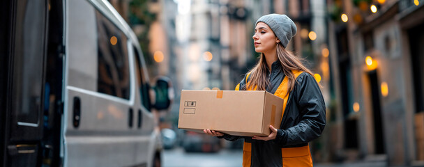 Young female delivery driver carrying a package in an urban area smiling