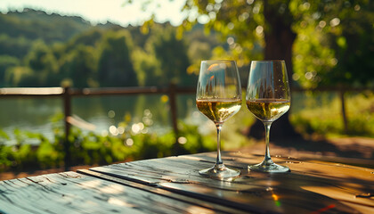 Wall Mural - View of two full wineglasses with white wine on blur bikeh nature background, summer day