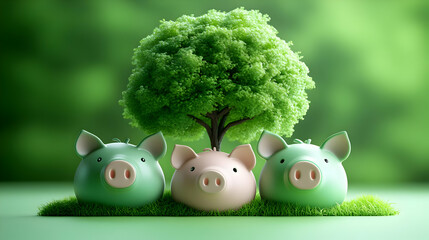 Wall Mural - Three cartoonish pigs with a tree on a grassy surface.