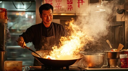 A Chef Cooking with Fiery Flames in a Wok