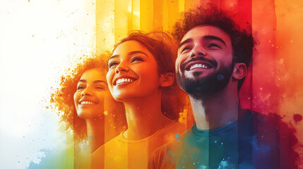 Poster - Three smiling individuals with vibrant colors in the background.