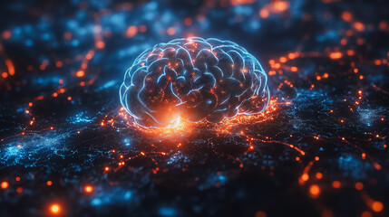 Poster - A brain is shown in a computer generated image with a bright orange glow. The brain is surrounded by a network of glowing lines, giving the impression of a complex and intricate system