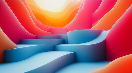 Poster - A colorful, abstract landscape with blue and red steps. The image is a representation of a mountain range with a blue river flowing through it