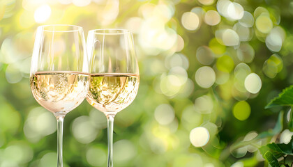 View of two full wineglasses with white wine on blur bikeh nature background, summer day