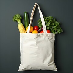 tote bag white vegetable and fruits can be seen above for grocary blank and plain darkcolor background