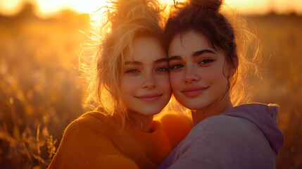 Canvas Print - Two friends smiling together in a sunlit field at sunset.